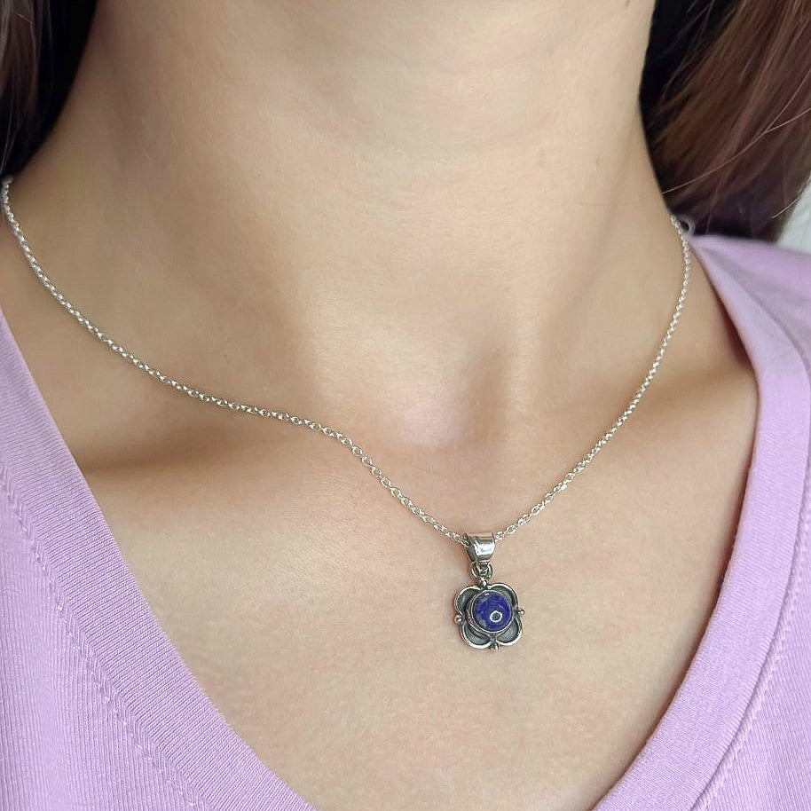 Sterling Silver Lazurite Flower Pendant Necklace