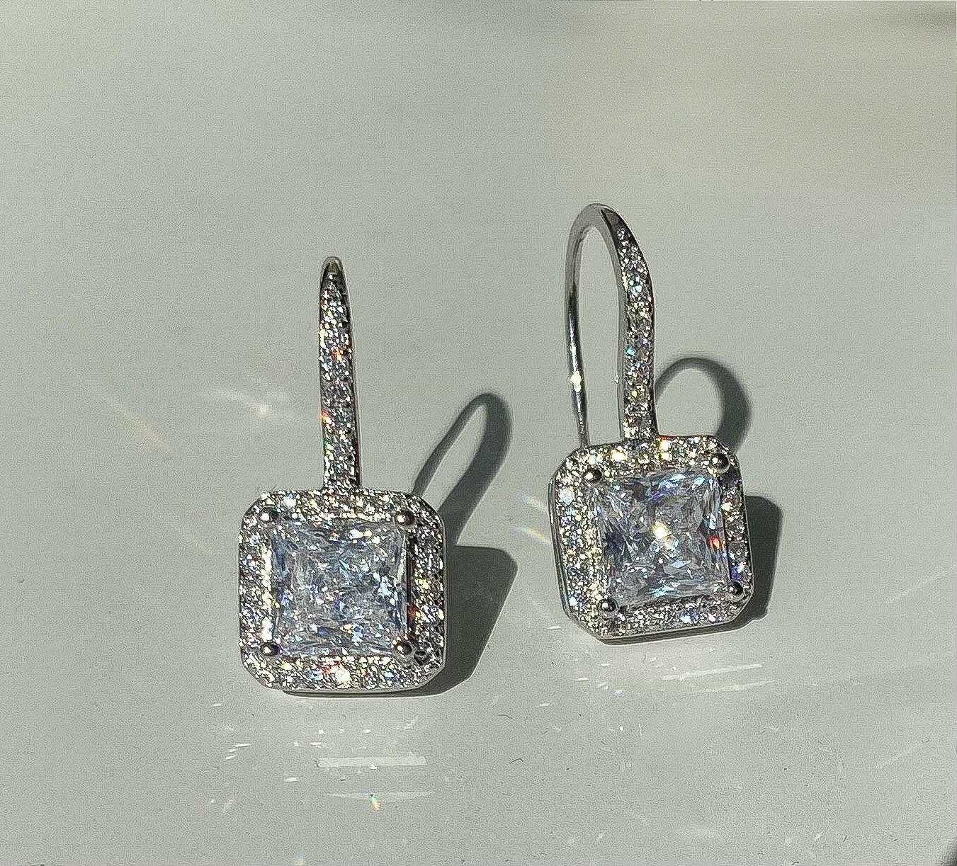 Sterling Silver Rhodium Plated Square CZ Drop Earrings