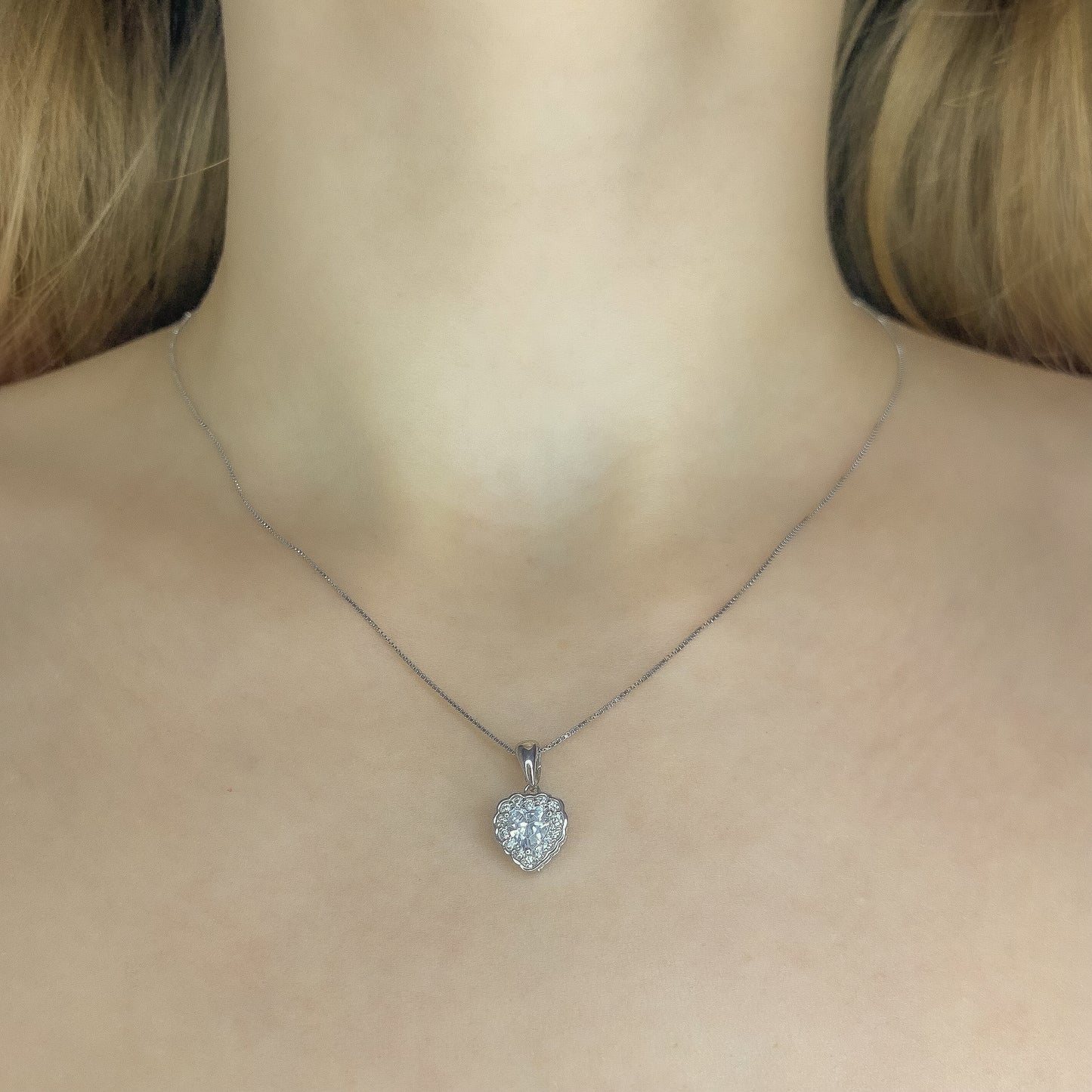 Sterling Silver Rhodium Plated CZ Heart Necklace