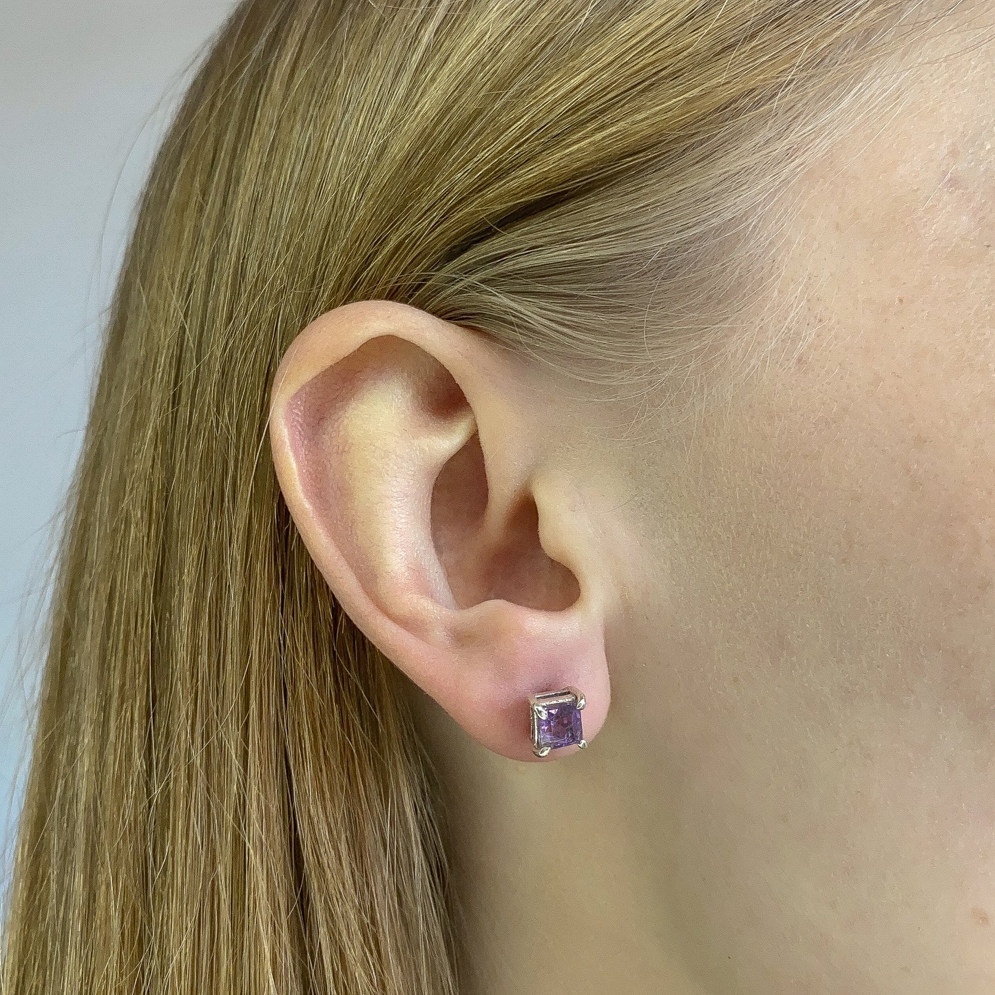 Sterling Silver Square Amethyst Studs
