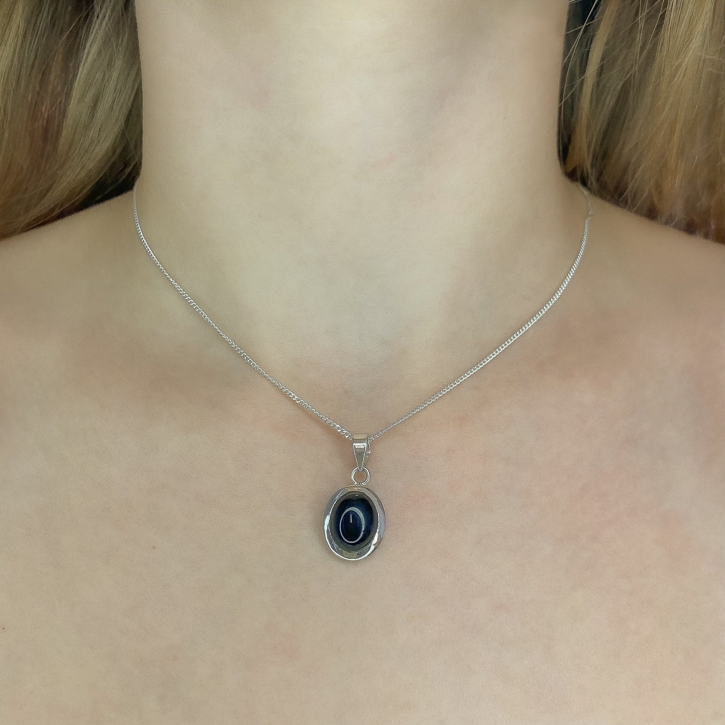 Sterling Silver Oval Black Onyx Pendant Necklace