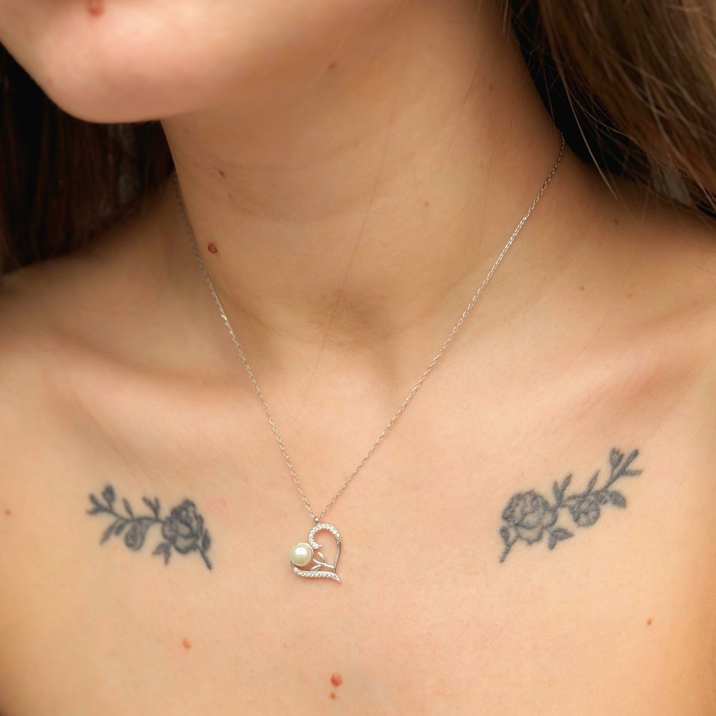 Sterling Silver Rose Gold Plated Pearl Heart Necklace