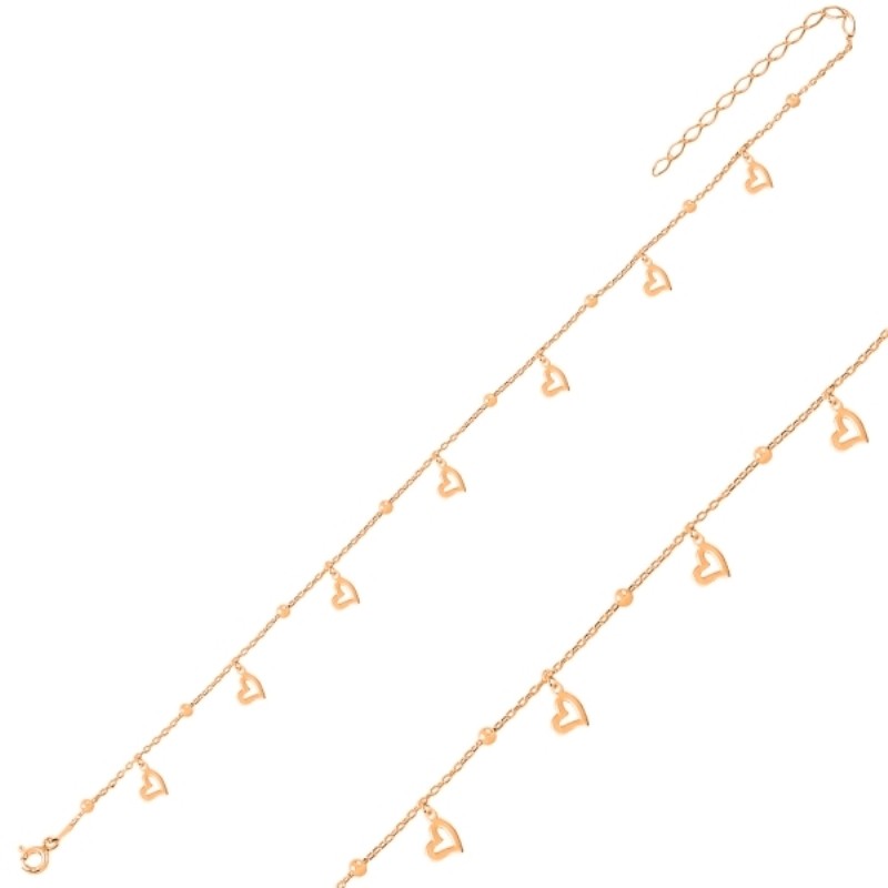 Sidabrinė paauksuota grandinėlė ant kojos su širdelėmis