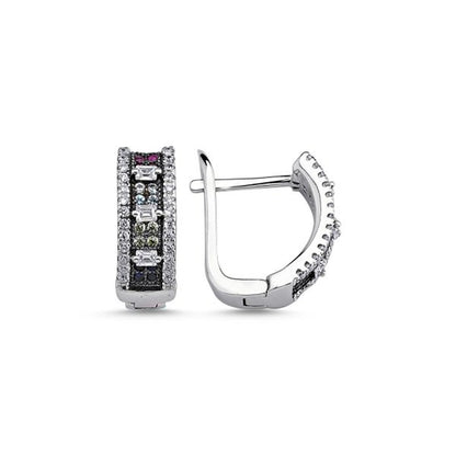 Sidabriniai rodžiuoti auskarai su spalvotais cirkoniais angl. užsegimu