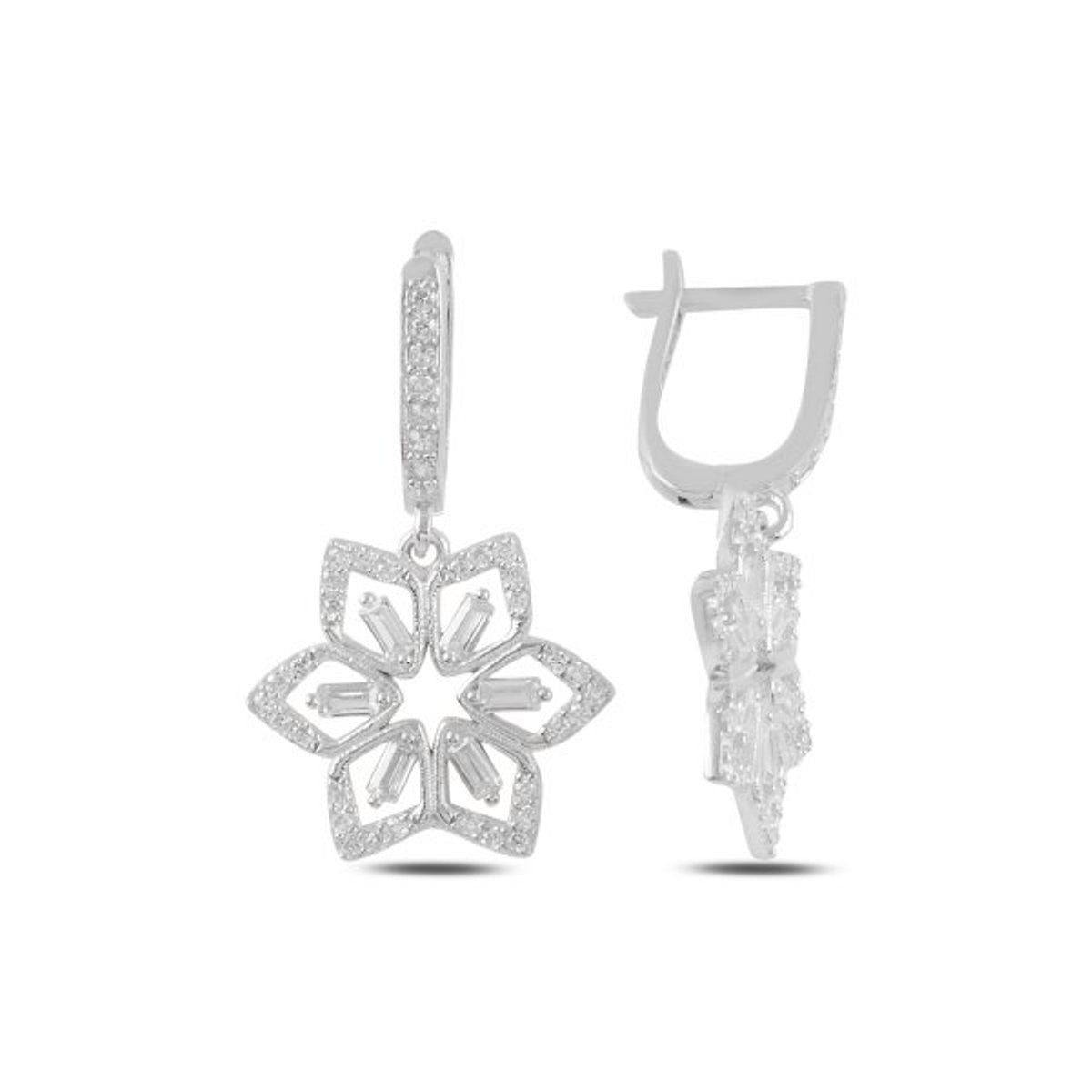 Sidabriniai rodžiuoti kabantys auskarai angl. užsegimu ir cirkonio gėlyte