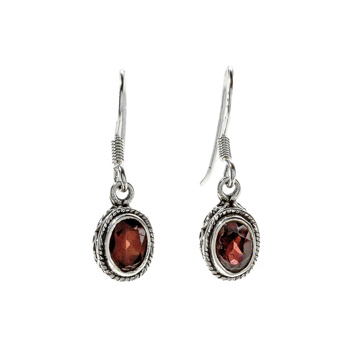 Sterling Silver Oval Garnet Drop Earrings