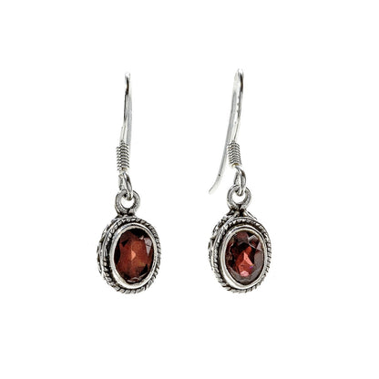 Sterling Silver Oval Garnet Drop Earrings