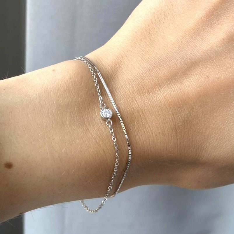 Sidabrinė rodžiuota dviejų gijų apyrankė su cirkoniu