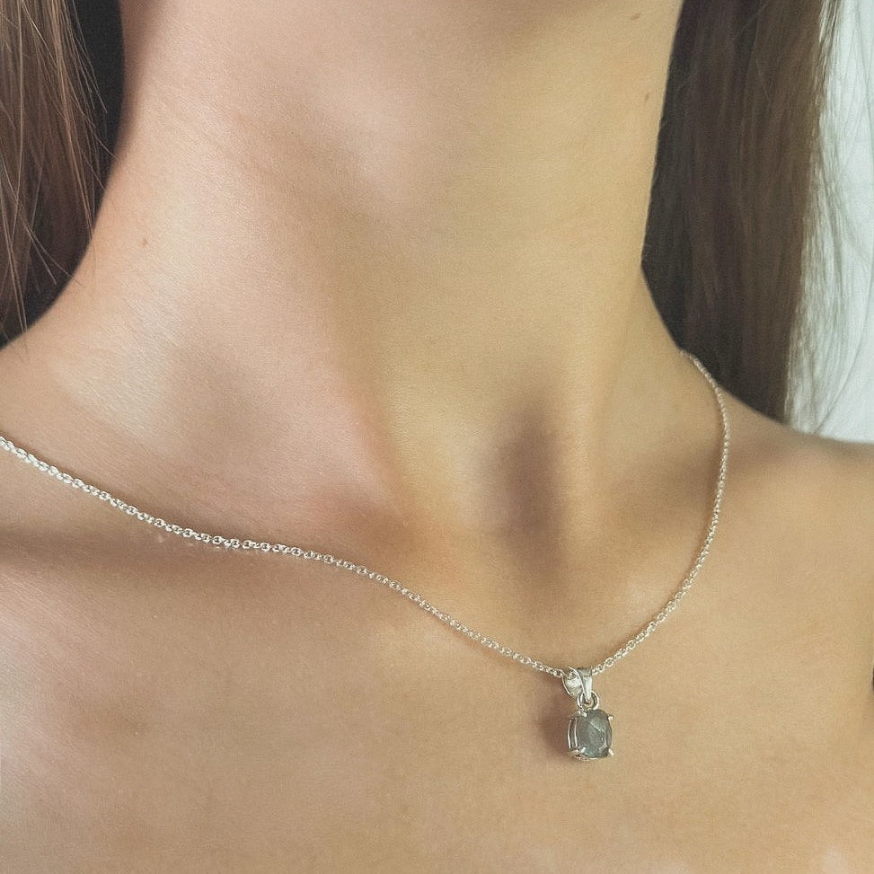 Sidabrinis pakabukas su ovaliu labradorito akmeniu ir grandinėle