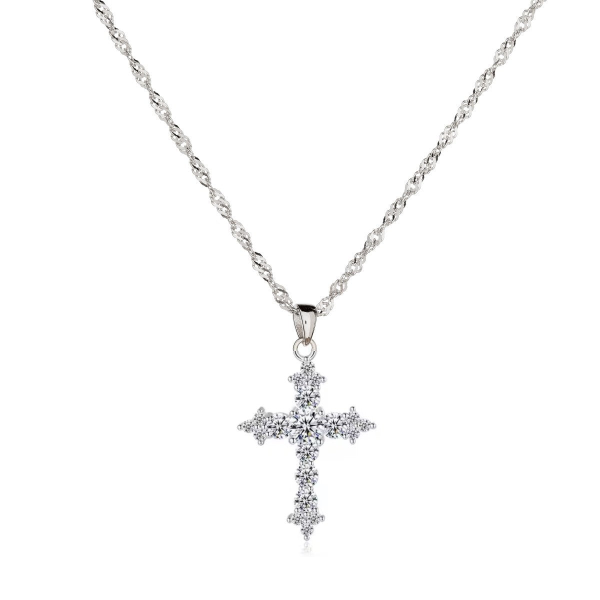 Sidabrinis rodžiuotas kryželis su cirkoniais ir grandinėle