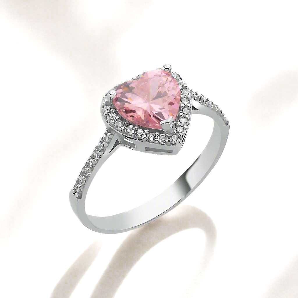 Sidabrinis rodžiuotas žiedas su rožinio cirkonio širdele