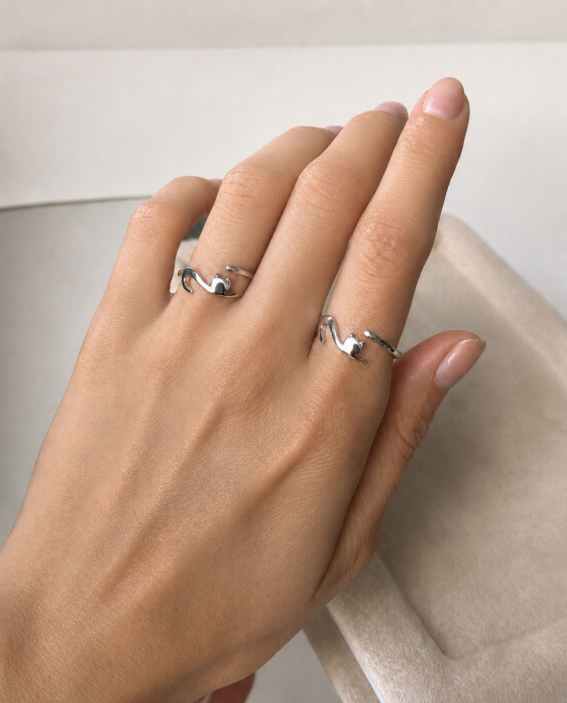 Sterling Silver Rhodium Plated Kitten Ring