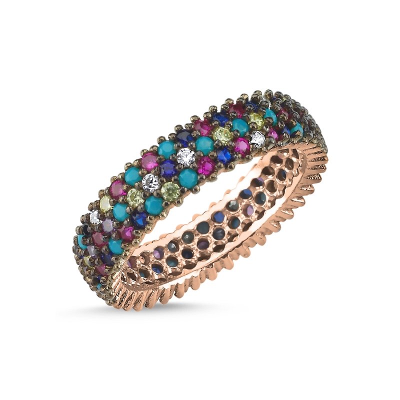 Sidabrinis paauksuotas žiedas su 3 eilėmis spalvotų cirkonių