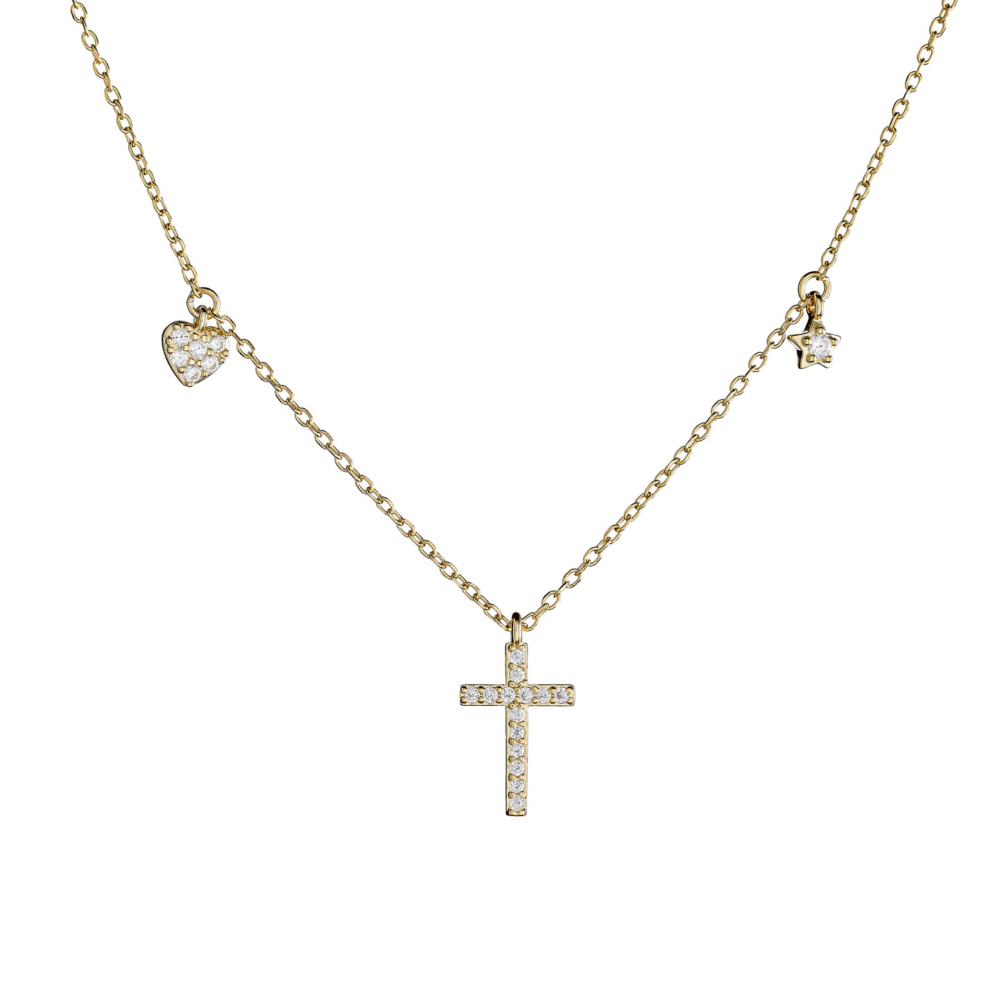 Sidabrinis auksuotas kryželis su cirkoniais ir grandinėle