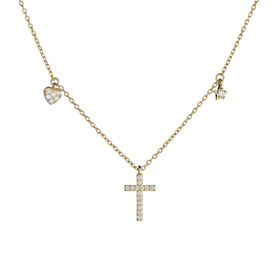Sidabrinis auksuotas kryželis su cirkoniais ir grandinėle