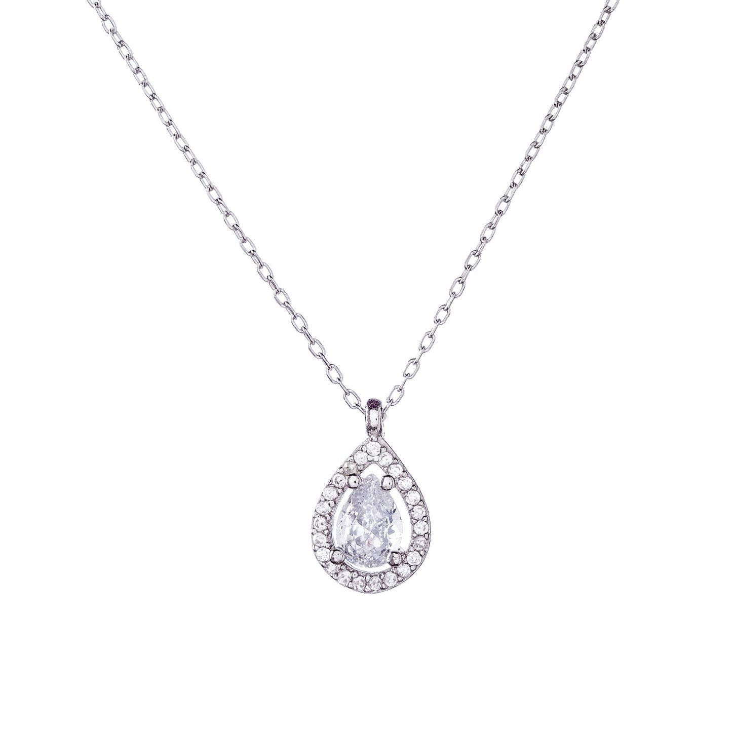 Sterling Silver Rhodium Plated Teardrop CZ Necklace