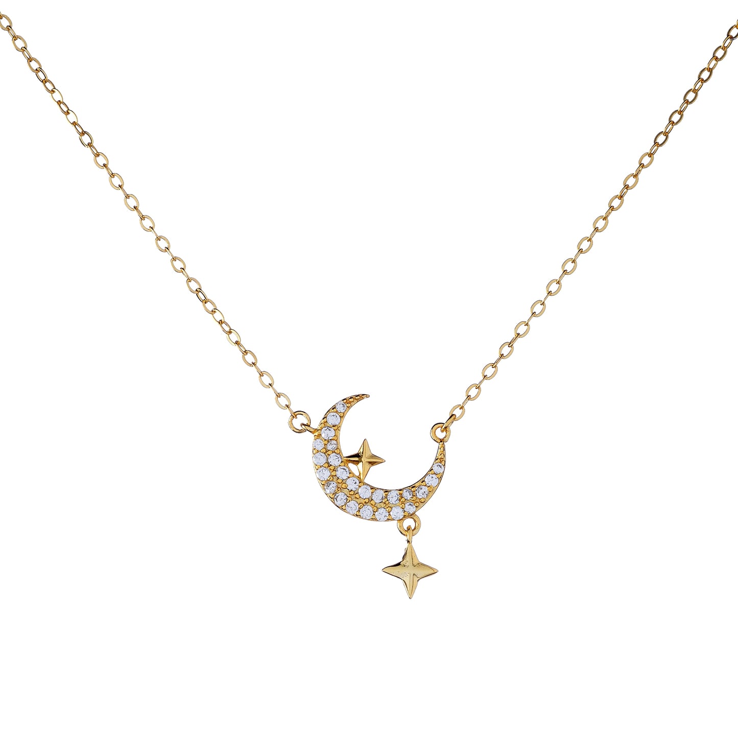 Sterling Silver Rhodium Plated CZ Moon Pendant Necklace