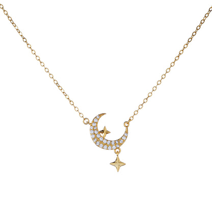 Sterling Silver Rhodium Plated CZ Moon Pendant Necklace