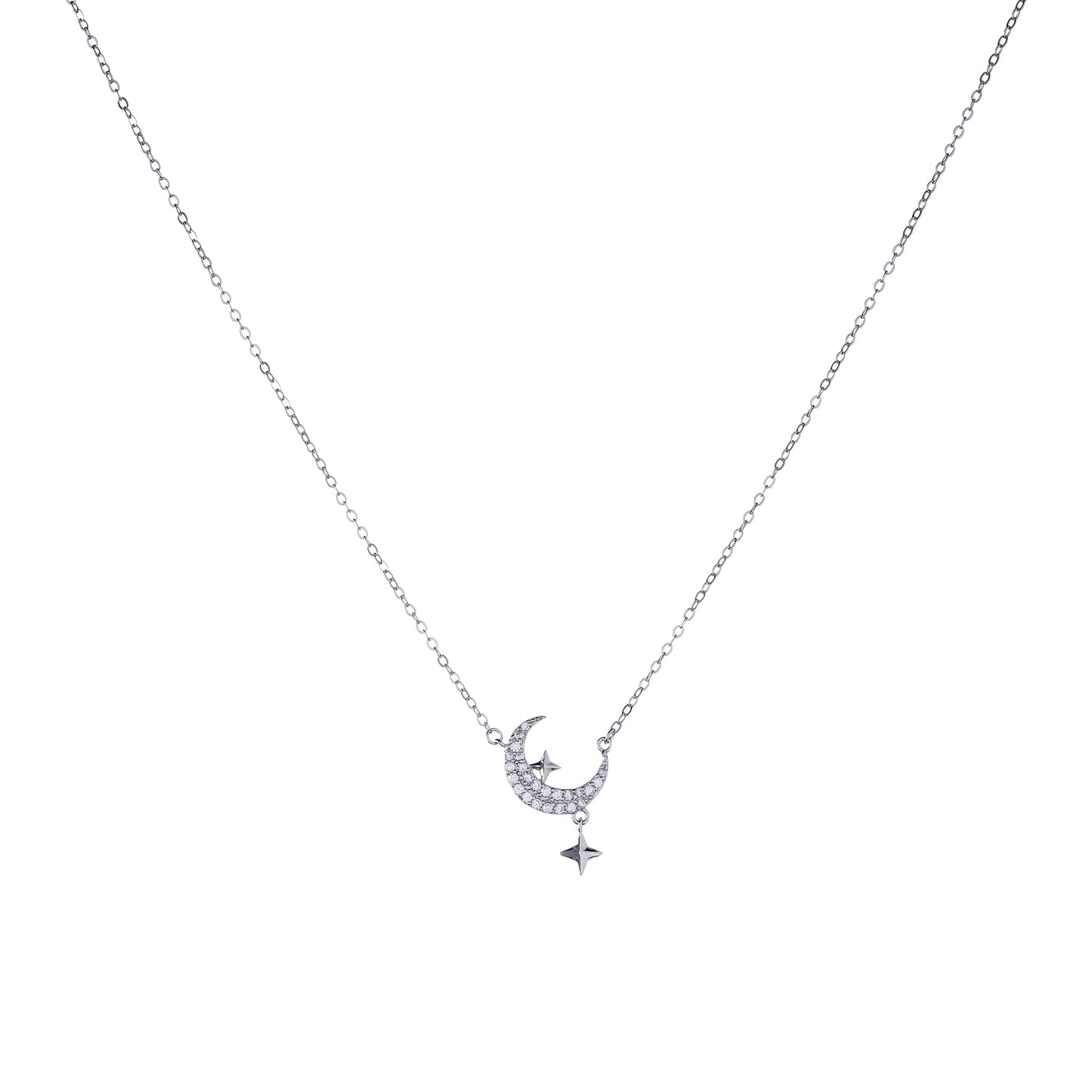Sterling Silver Rhodium Plated CZ Moon Pendant Necklace