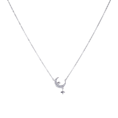 Sterling Silver Rhodium Plated CZ Moon Pendant Necklace