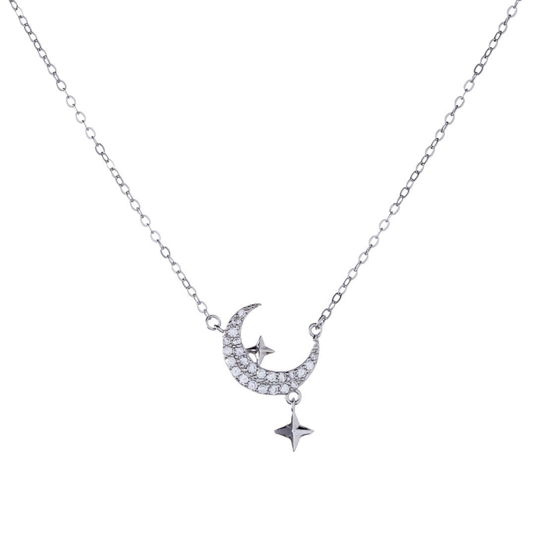 Sterling Silver Rhodium Plated CZ Moon Pendant Necklace