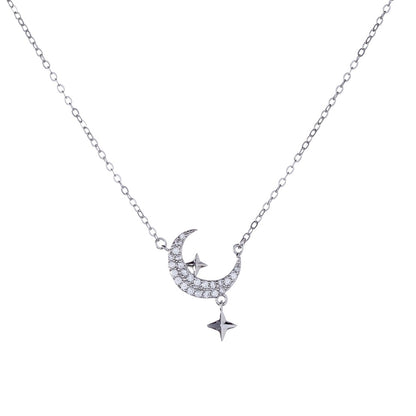 Sterling Silver Rhodium Plated CZ Moon Pendant Necklace