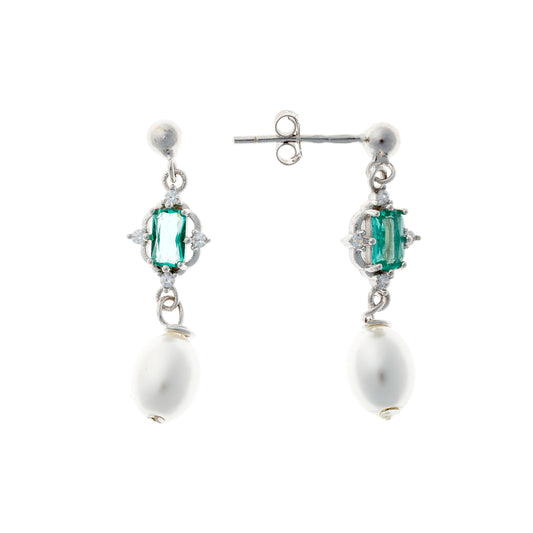 Sidabriniai rodžiuoti kabantys auskarai su perlu ir cirkoniu