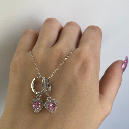 Sidabrinės rodžiuotos rinkutės su rožinio cirkonio širdele