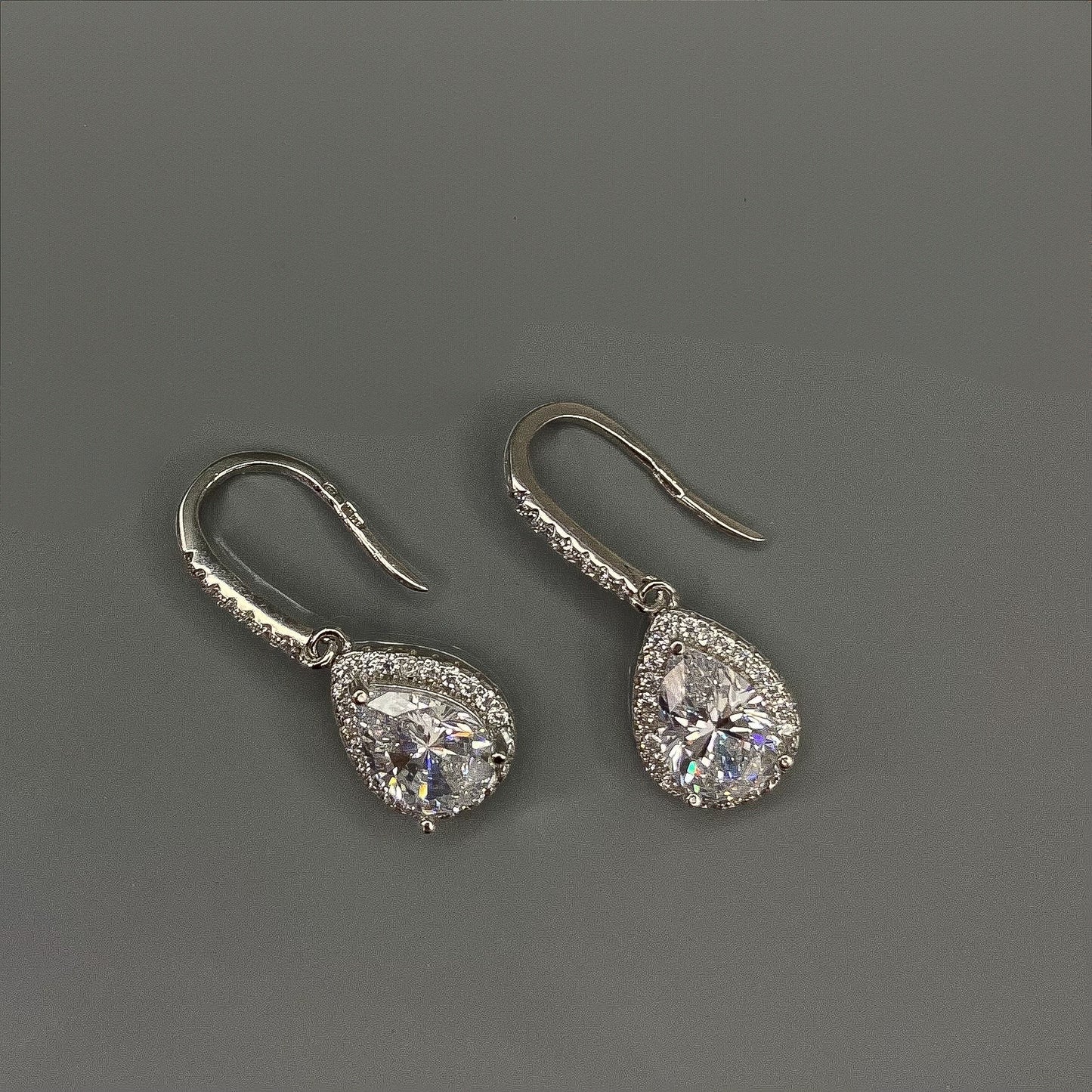 Sterling Silver Rhodium Plated Teardrop CZ Earrings