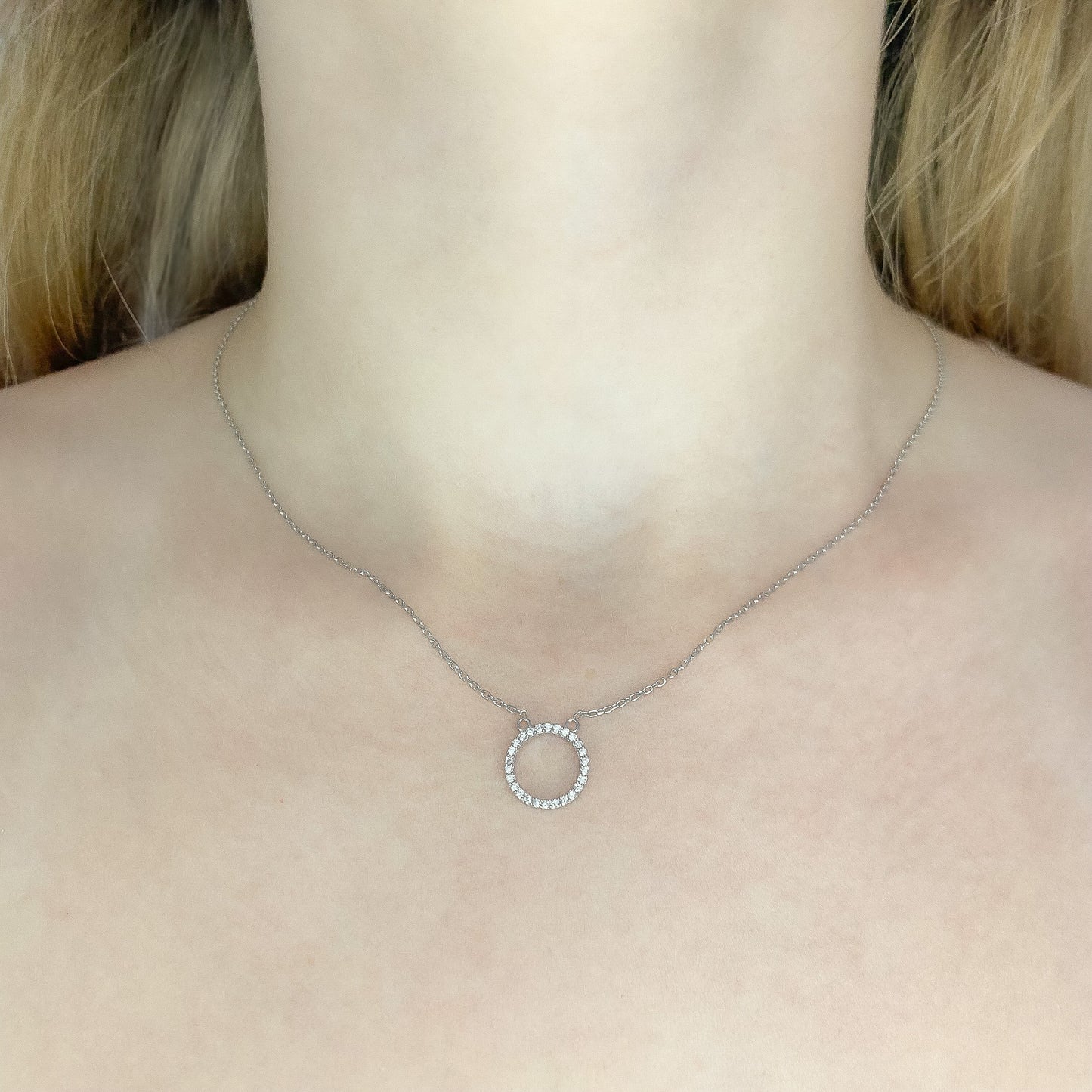 Sterling Silver Rhodium Plated CZ Circle Necklace