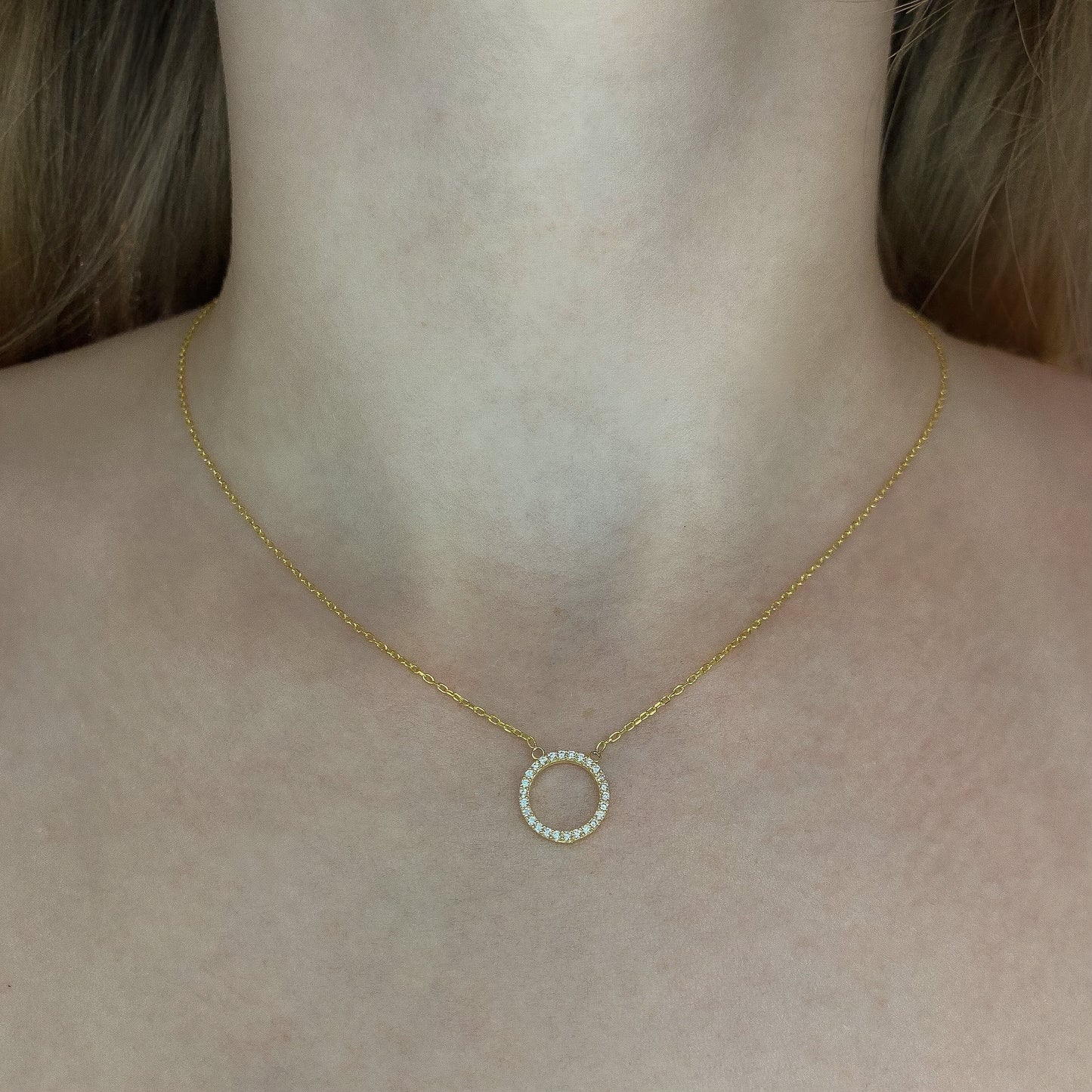 Sidabrinis auksuotas apvalus pakabukas su cirkoniu ir grandinėle