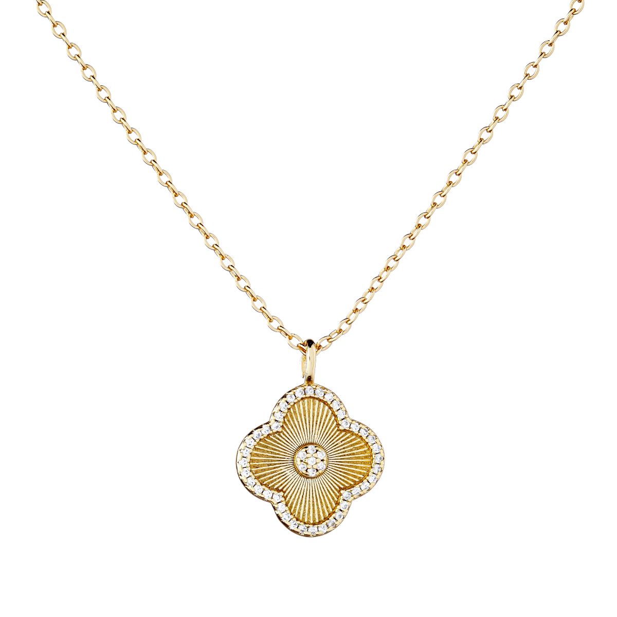 Sidabrinis auksuotas keturlapis dobilas su cirkoniais ir grandinėle