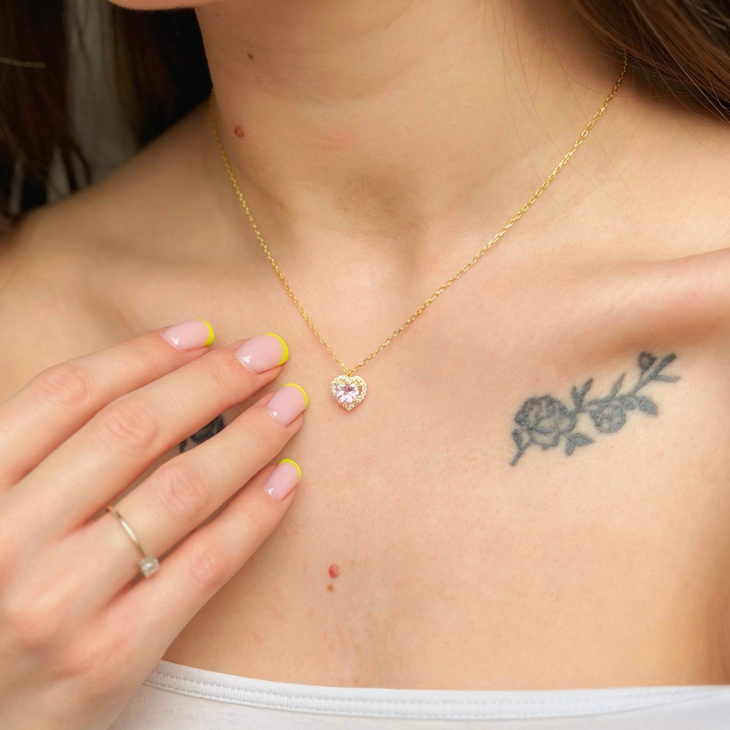 Sterling Silver Gold Plated CZ Heart Pendant Necklace