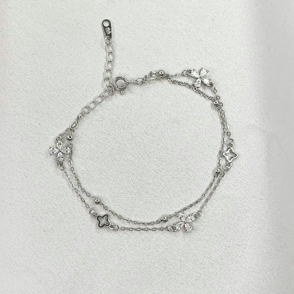 Sidabrinė rodžiuota dviejų gijų apyrankė su cirkoniais „Gėlytė ir dobilas“