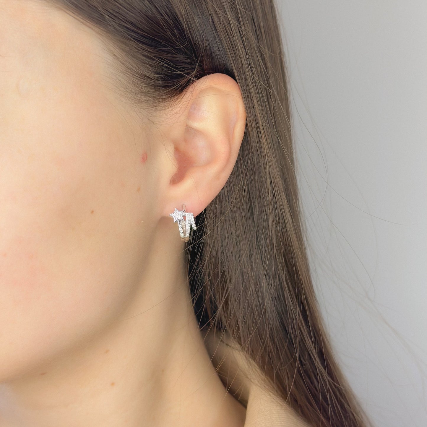 Sterling Silver Rhodium Plated CZ Star Hoops