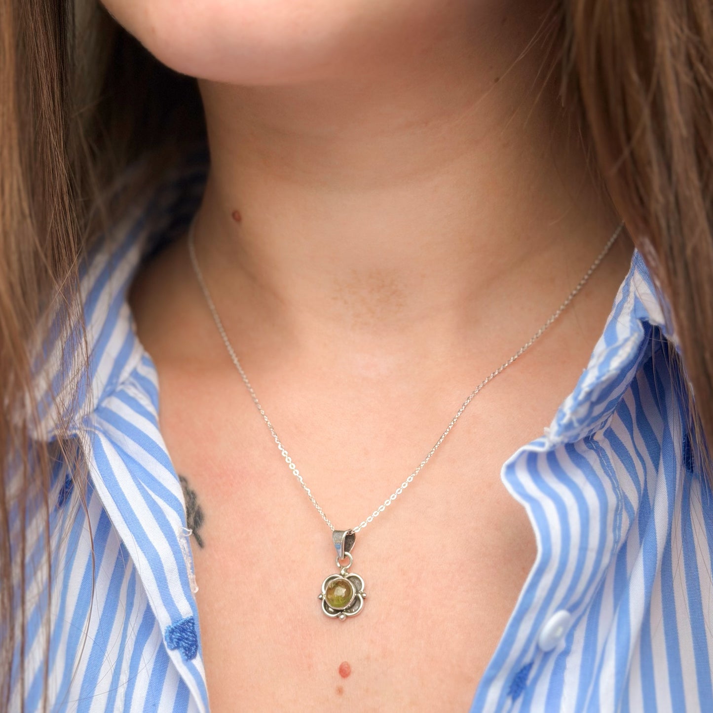 Sterling Silver Peridot Flower Pendant Necklace
