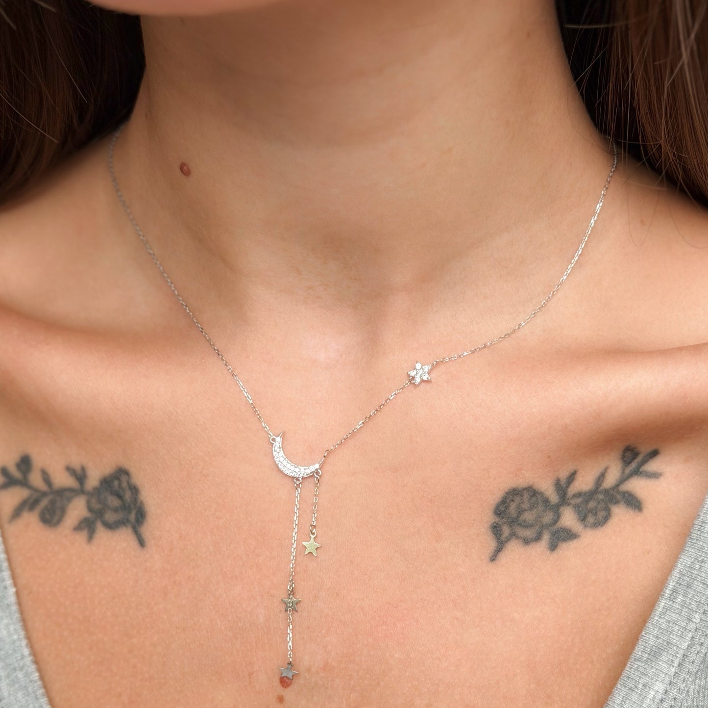 Sterling Silver Rhodium Plated CZ Moon & Stars Necklace