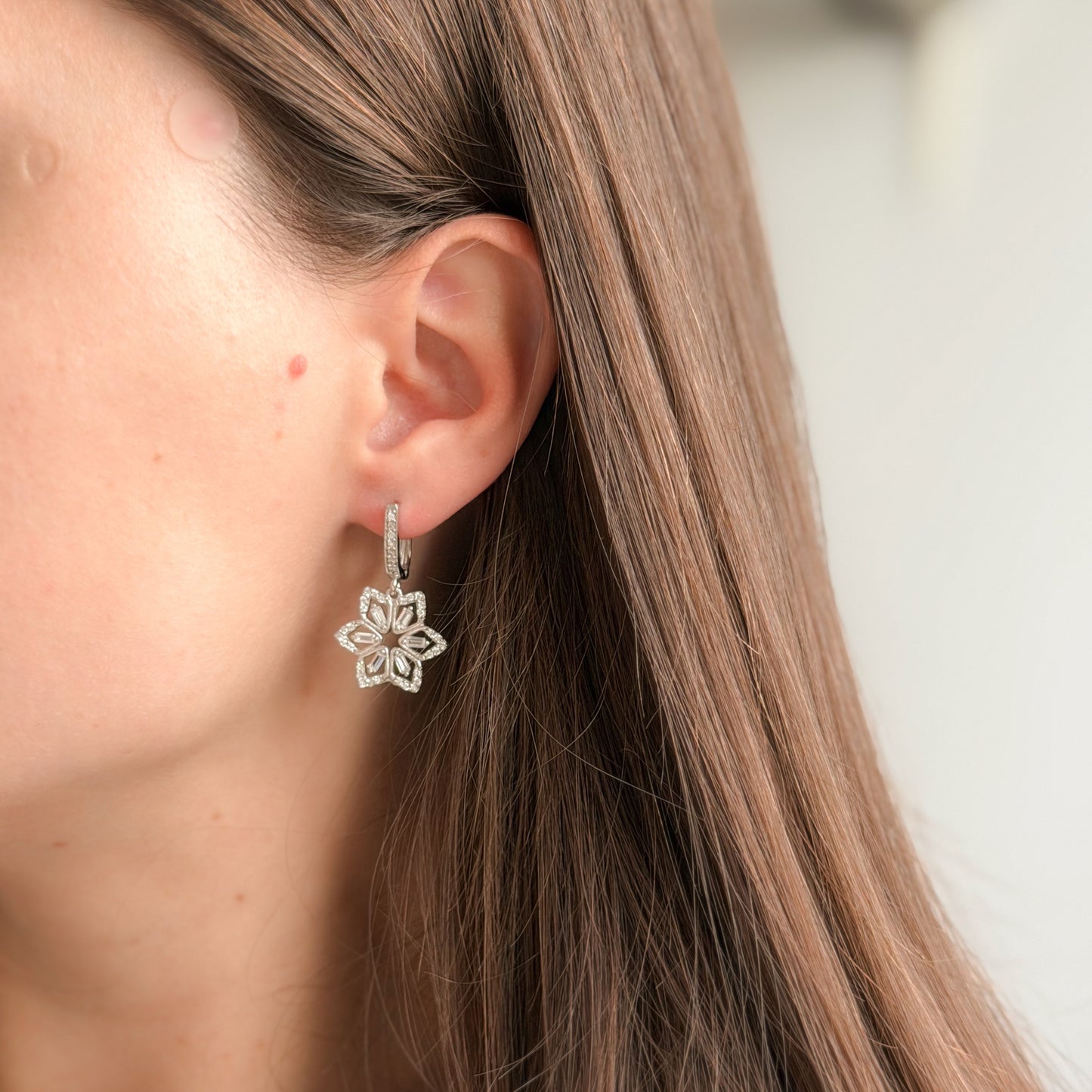 Sterling Silver Rhodium Plated CZ English Lock Earrings